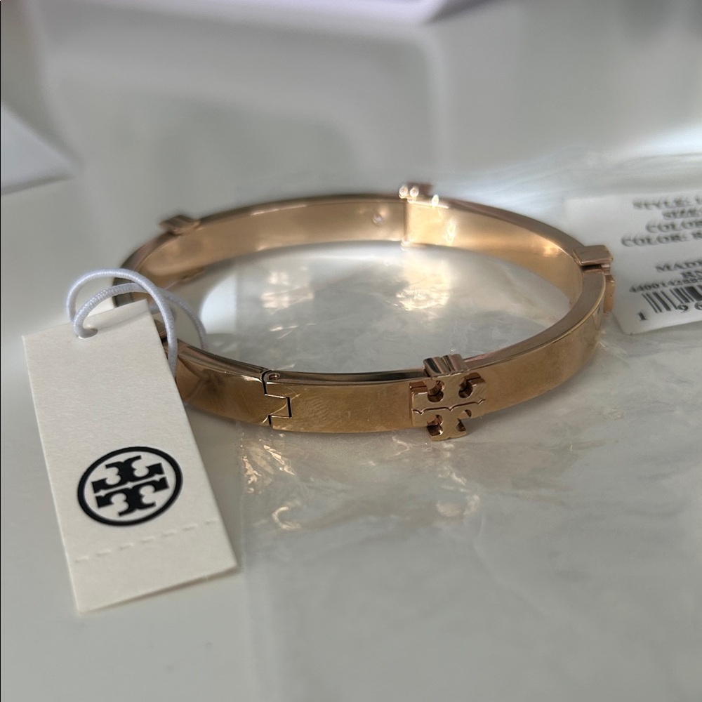 Tory Burch Rose Gold Double T Logo Hinge Bangle Bracelet